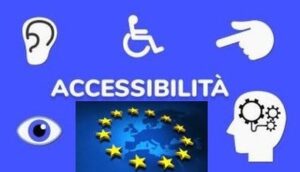 Una realizzazione grafica dedicata al Centro Europeo Risorse per l’Accessibilità (AccessibleEU), reca la scritta “accessibilità”, le stelle dell’Unione Europea ed alcuni elementi simbolici che rappresentano i diversi tipi di disabilità (fisica, visiva, ecc.).