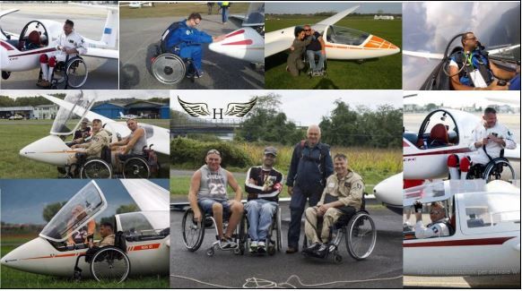 Un collage di fotografie mostra diversi piloti disabili e non sull’aliante o accanto ad esso.