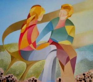 Opera pittorica che raffigura due figure stilizzate, verosimilmente un uomo e una donna, sedute una accanto all’altra che conversano guardandosi in viso.