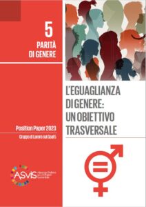 La copertina del “Position Paper 2023” dell’Alleanza Italiana per lo Sviluppo Sostenibile, in tema di uguaglianza di genere, contiene gli estremi dell’opera, il simbolo dell’uguaglianza di genere, ed è illustrata con le sagome di molteplici volti femminili ritratti di profilo.