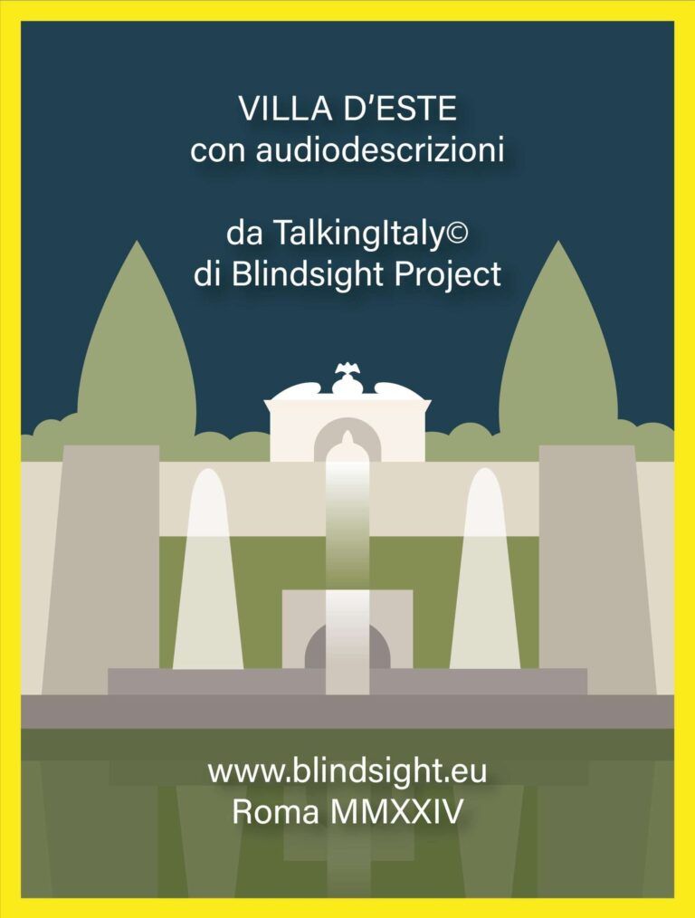 Il logo appositamente prodotto da Riccardo Bendia per promuovere l’“audiotour” di Villa d’Este. Esso contiene i riferimenti dell’Associazione Blindsight Project e ritrae, con tratto stilizzato, la facciata del Palazzo d’Este, la vegetazione circostante ed i giochi d’acqua di alcune fontane.