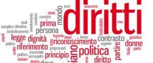 Un’illustrazione grafica ottenuta con una “nuvola di parole” su cui spicca il temine “diritti”.