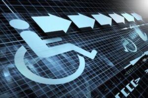 Una realizzazione grafica dedicata alle procedure per accedere alle misure rivolte alle persone con disabilità. Essa è illustrata col logo dell’uomo in sedia a rotelle, diverse frecce direzionali ed ulteriori elementi decorativi che richiamano l’ambiente digitale.