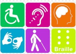 Alcuni loghi rappresentano le diverse forme di disabilità: quella motoria, quella uditiva (con impianto cocleare e con l’impiego della lingua dei segni), quella visiva (col bastone bianco e il Braille), e quella psico-sociale.