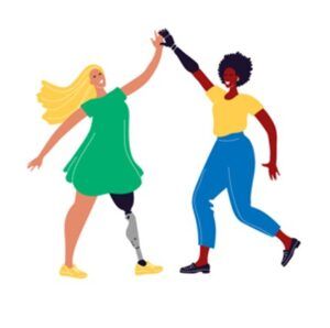 Una realizzazione grafica raffigura due donne, entrambe con una protesi (una al braccio e l’altra alla gamba), che danzano insieme.