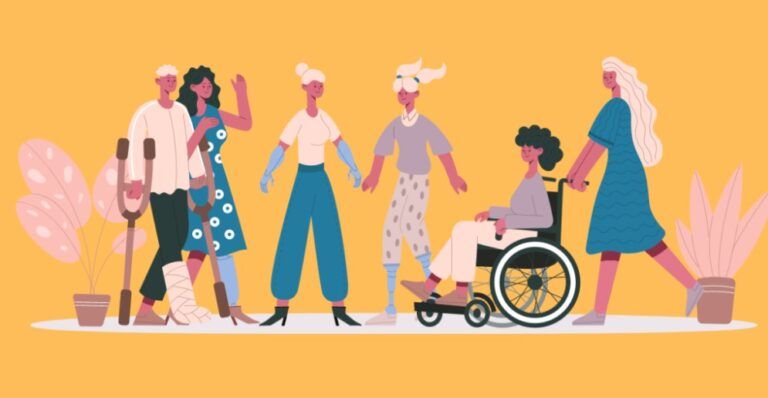 Una realizzazione grafica raffigura diverse donne disabili e non che si relazionano tra di loro.