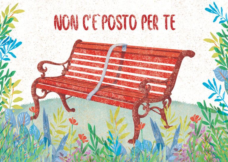L’immagine scelta per la campagna di sensibilizzazione “Non c’è posto per te!” è una “panchina rossa ostile” realizzata dall’illustratrice Paola Formica. Essa vuole essere il simbolo di un’accoglienza selettiva che va superata. Si tratta di una panchina rossa sulla cui seduta è stato applicato un divisorio per impedire che le persone senza fissa dimora vi si possano sdraiare. Essere senza fissa dimora è uno dei criteri di esclusione dall’accoglienza delle ospiti adottati dalle Case rifugio.