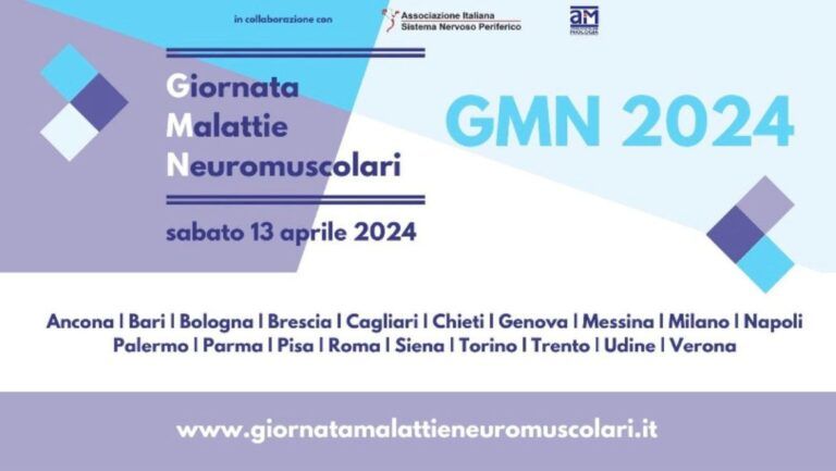 Una realizzazione grafica dedicata alla Giornata per le Malattie Neuromuscolari 2024 contiene gli estremi dell’iniziativa, l’indicazione delle 19 città coinvolte e qualche elemento geometrico decorativo.