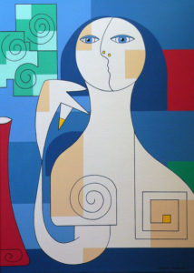 Un’opera dell’artista belga Hildegarde Handsaeme, Fiori verdi in vaso rosso, del 2018. Essa ritrae una figura femminile dai tratti geometrici ma armoniosi. Il vaso rosso ed i fiori verdi, anche questi dai tratti geometrici, si intravvedono accanto a lei.