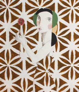 Didier Lourenço, Flor roja, opera della collezione “Donne invisibili”. In essa è raffigurata una donna stilizzata, con in mano un fiore rosso, il cui abito si confonde con la decorazione dello sfondo.
