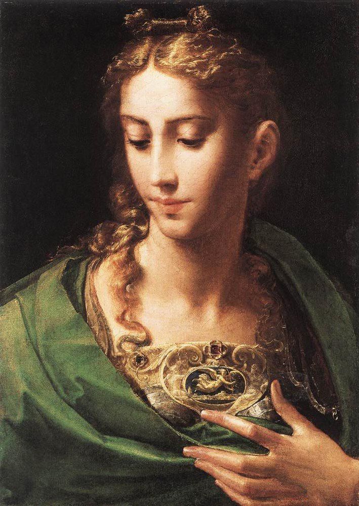 Minerva, la dea della guerra giusta e della saggezza, in un dipinto a mezzo busto del Parmigianino, datato 1530-1533 circa.