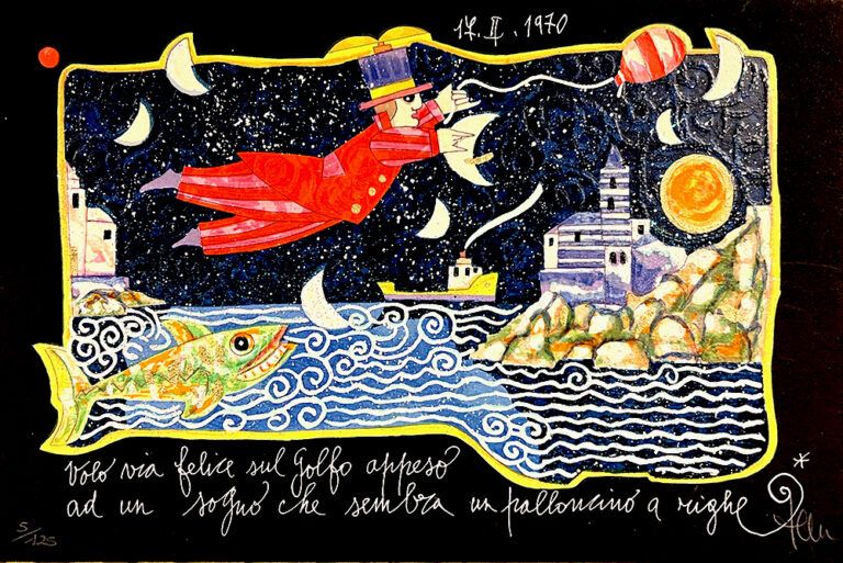 Opera di Francesco Musante, il visionario pittore ligure, dal titolo: “Volo via felice sul Golfo appeso ad un sogno che sembra un palloncino a righe”. In un’atmosfera onirica, sotto un cielo notturno pieno di stelle, lune ed un sole, vola un uomo dai tratti fiabeschi, con un un palloncino a righe in mano, vestito con un frac rosso e con un cappello a cilindro. Vola su un Golfo dalle acque arricciate, sorvolando su un pesce, diversi edifici, una chiesetta ed una nave, tutti di proporzioni irreali.