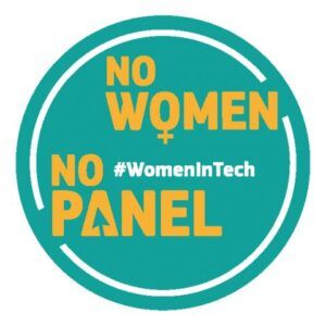 Il logo della campagna di sensibilizzazione “No Women No Panel” promossa nel 2018 da Mariya Gabriel per aumentare la consapevolezza sull’equilibrio di genere nei panel e negli eventi pubblici. Essa consiste in un cerchio verde su cui è riportato, in giallo, il nome della campagna e l’hashtag #WomenInTech.