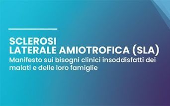 Particolare della copertina dell’opera “Sclerosi laterale amiotrofica (SLA) – Manifesto sui bisogni clinici insoddisfatti dei malati e delle loro famiglie” curata dall’OMaR – Osservatorio Malattie Rare. Il particolare riprende il titolo dell’opera in caratteri bianchi su uno sfondo con diverse sfumature di azzurro.