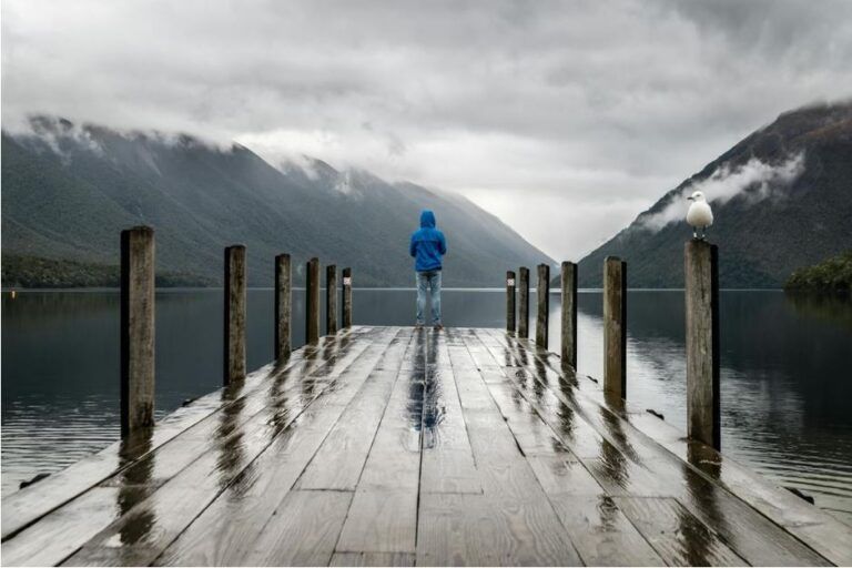 Una persona in piedi, al termine di un pontile su un lago, guarda le montagne circostanti parzialmente coperte di nebbia. Su uno dei pali del pontile sosta un gabbiano bianco (foto di Gabriela Palai su Pexels).