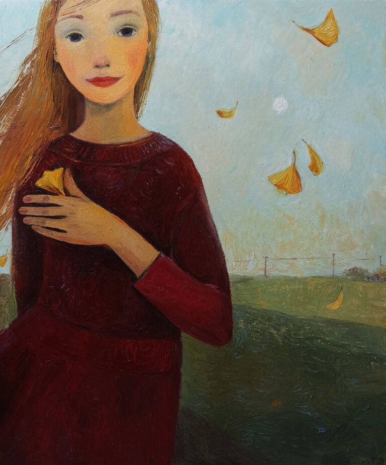 “Elettricità (2020), opera pittorica dell’artista russa Galya Popova. Essa raffigura una giovane ragazza dai capelli lunghi e biondi in un campo verde. Nella mano e nell’aria dei petali ocra, sullo sfondo dei pali della luce.