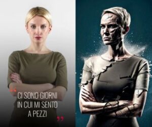 La persona con sclerosi multipla che ha messo a disposizione la propria immagine e il ritratto rielaborato dall’intelligenza artificiale, per caratterizzarne i sintomi “invisibili”. Il sintomo rappresentato è espresso dalla frase “Ci sono giorni in cui mi sento a pezzi”.