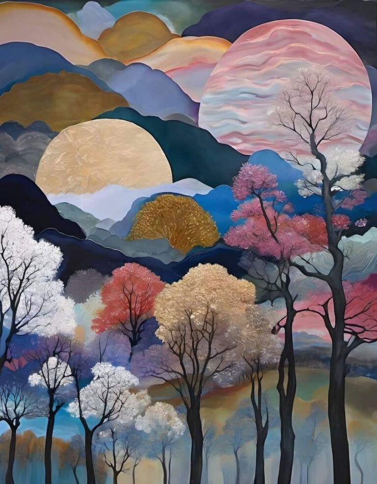Opera pittorica dell’artista Sonia Lera Preston raffigura un paesaggio fiabesco, con degli alberi dai tronchi e rami scuri, ma con chiome dai colori pastello che si perdono tra nubi variopinte.