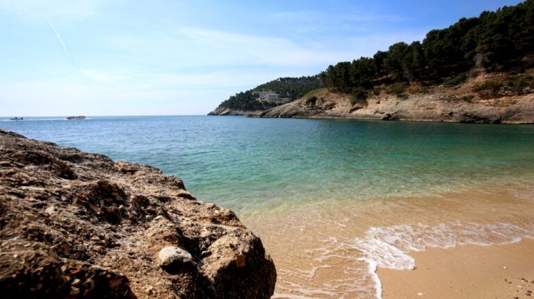 La spiaggia della baia di Pugnochiuso, in provincia di Foggia, da cui si intravede una parte del Parco Nazionale del Gargano (dal web).