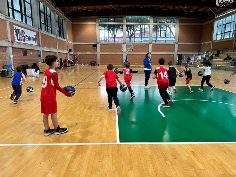 Alcuni ragazzi e ragazze mentre giocano assieme con dei palloni all’interno di una palestra.