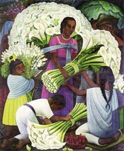 “La venditrice di calle”, di Diego Rivera, un importante pittore e muralista messicano, è l’opera scelta per illustrare la copertina di “Storie di vita. Genitori e giovani con disabilità si raccontano”, la recente pubblicazione collettiva del Gruppo Solidarietà. Essa ritrae, appunto, una donna dai tratti e con gli abiti tipici della popolazione messicana, che porge un fascio di calle ad una giovane accovacciata davanti a lei. Nell’ambiente pieno di fiori sono presenti anche un bambino e una bambina ritratti nell’atto di reggere o preparare mazzi di fiori.