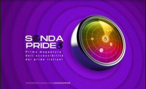 Una realizzazione grafica dedicata al progetto SondaPride è illustrata con l’immagine di una sorta di radar coi colori dell’arcobaleno al centro del quale compare la figura stilizzata di una persona in sedie a rotelle. Il radar risalta su uno sfondo di cerchi concentrici viola.
