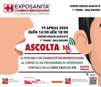 Una realizzazione grafica dedicata al convegno “ASCOLTA mi. La persona con disabilità neuromuscolare al centro di un programma di intervento puntuale nelle varie fasce di età”, che si terrà a Bologna, il 19 aprile 2024 nell’àmbito di Exposanità.