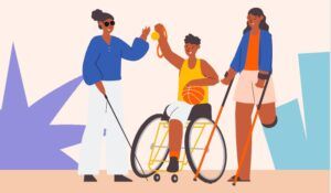 Una realizzazione grafica predisposta per promuovere l’“Open Day Multisport Paralimpici”, che si terrà il 21 ottobre a Pisa, raffigura due ragazze e un ragazzo con differenti disabilità che tengono in mano un pallone da basket e una medaglia.