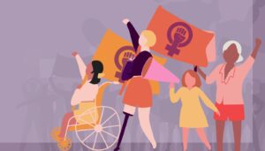 Illustrazione grafica dedicata a promuovere la petizione di “WeMove Europe” volta a velocizzare l’adozione della Direttiva sulla lotta alla violenza contro le donne. Essa raffigura quattro donne di età diverse che sfilano insieme in una sorta di corteo, coi pugni alzati in segno di rivendicazione, con un megafono e diverse bandiere. Due di loro hanno una disabilità.